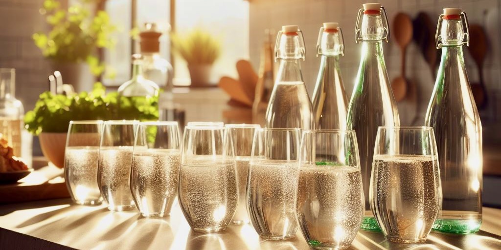 Auf einem Küchentresen stehen Wasserflaschen und mit Mineralwasser gefüllte Gläser.