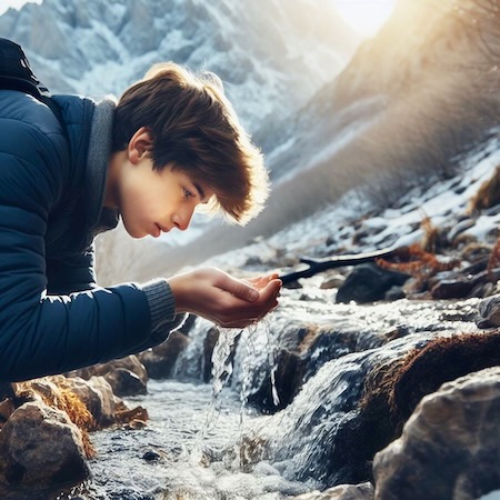 Ein Teenager schöpft mit seinen Händen Wasser aus einem Gebirgsbach, um zu trinken.