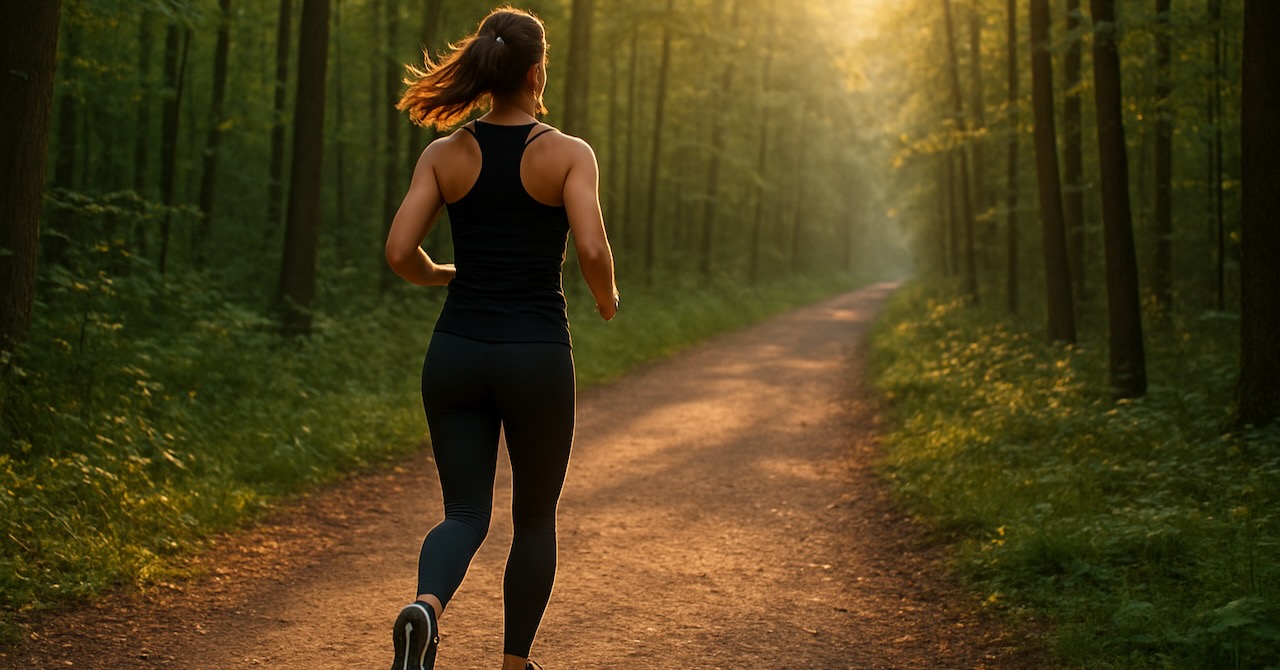 Eine sportliche Frau läuft dynamisch auf einem Waldweg in der Morgensonne – Symbolbild für Training gegen Krebs, Bewegung und Gesundheit.