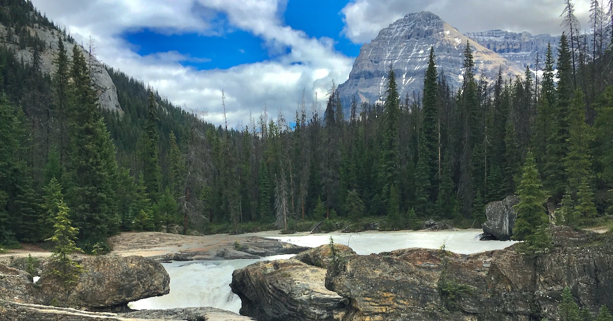 Fluss, der sich durch Felsen schlängelt, umgeben von Nadelwald und Bergen im Hintergrund – symbolisch für stabile Knochen und gesunde Knochendichte.
