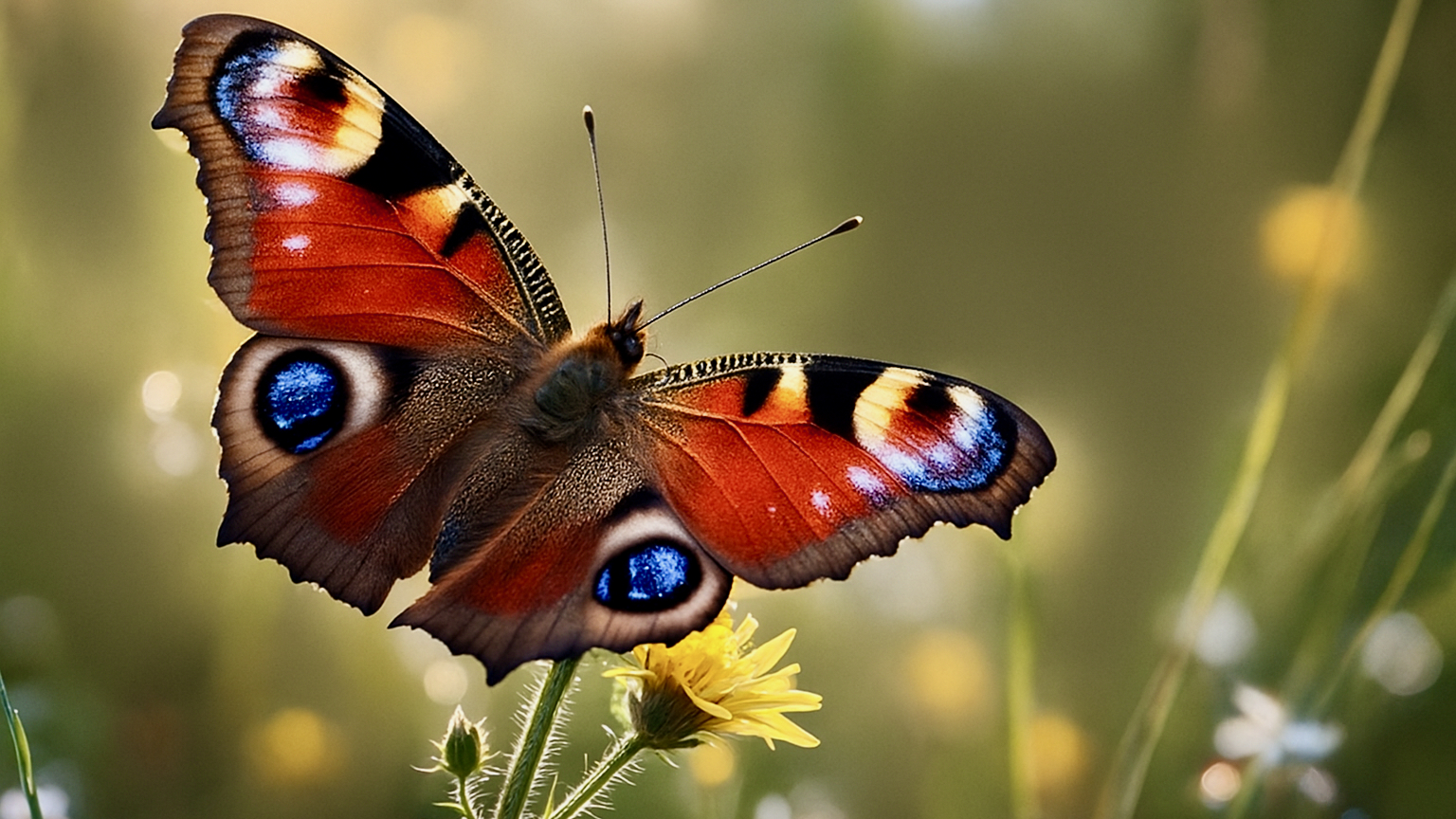 Pfauenauge (Schmetterling) sitzt auf einer gelben Blüte, symbolisiert die Balance der Schilddrüse im Kontext von Selen.