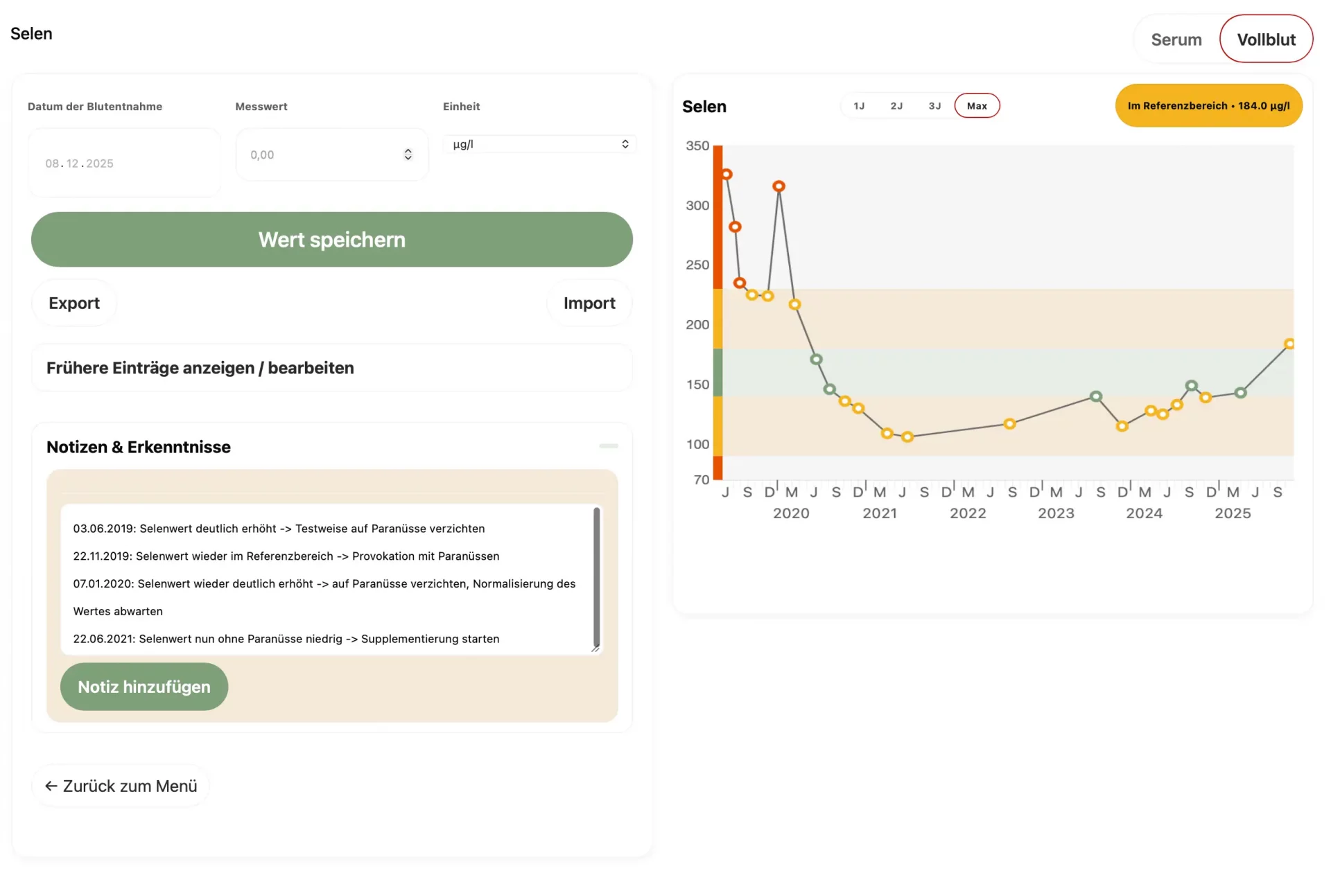 MMM Blutwerte-Tracking: Beispielansicht des Selen-Verlaufs im Vollblut