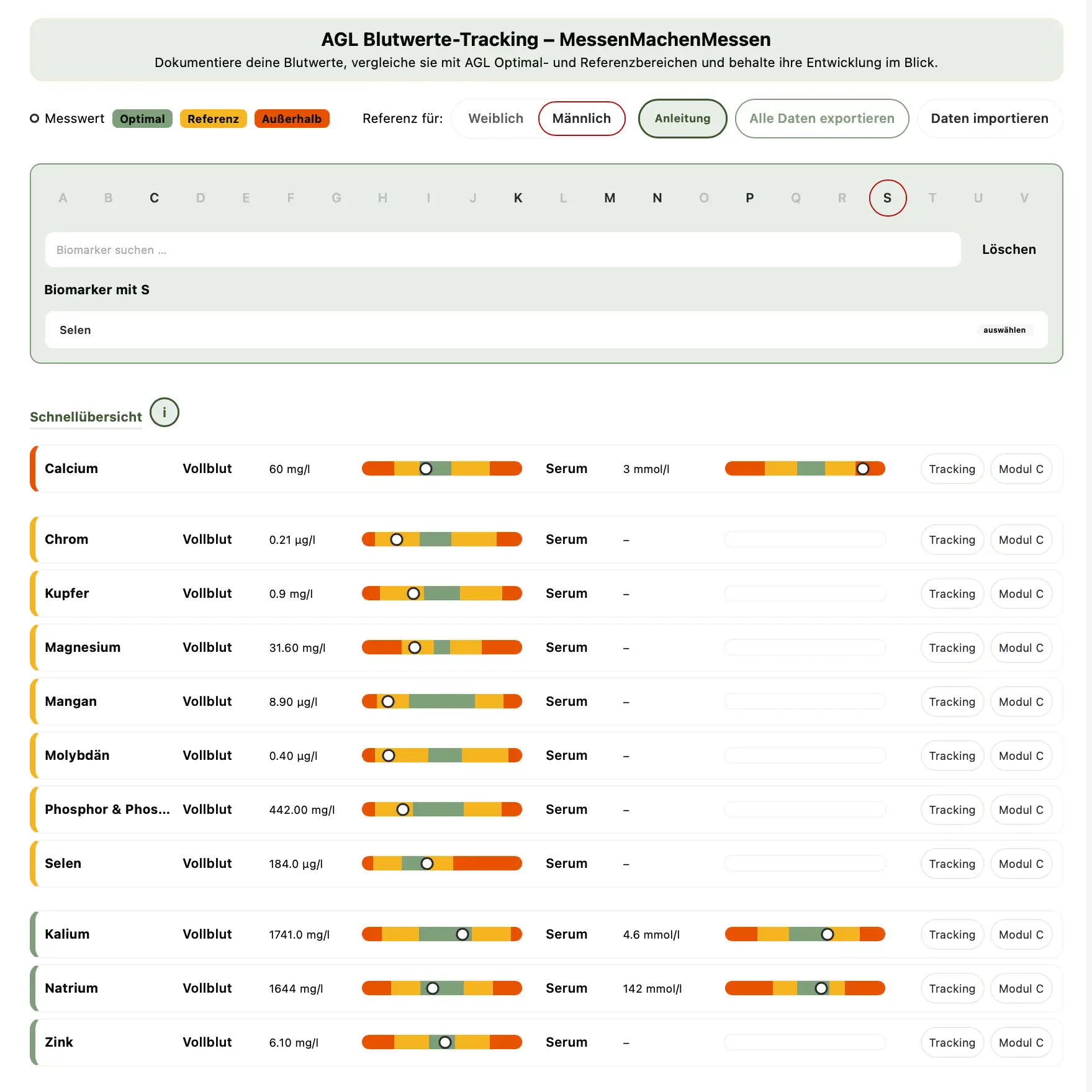 Screenshot des MMM Blutwerte-Trackingtools mit Vorschau der Schnellansicht für Vollblut- und Serumwerte